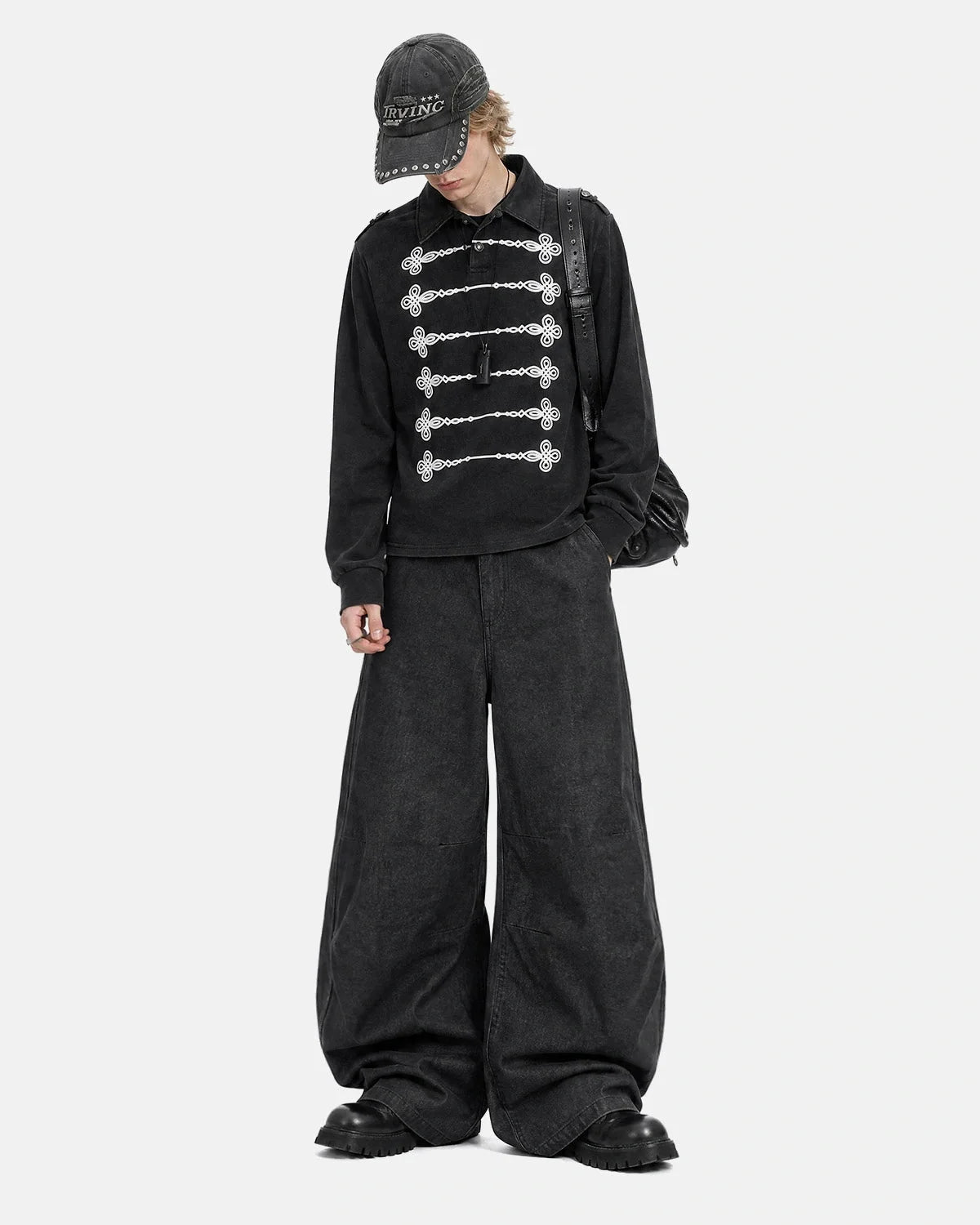 Omygoods Washed Graphic Long Sleeve Polo Shirt