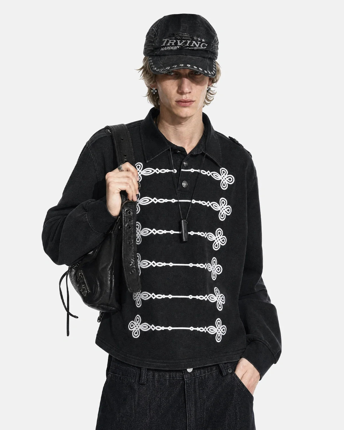 Omygoods Washed Graphic Long Sleeve Polo Shirt