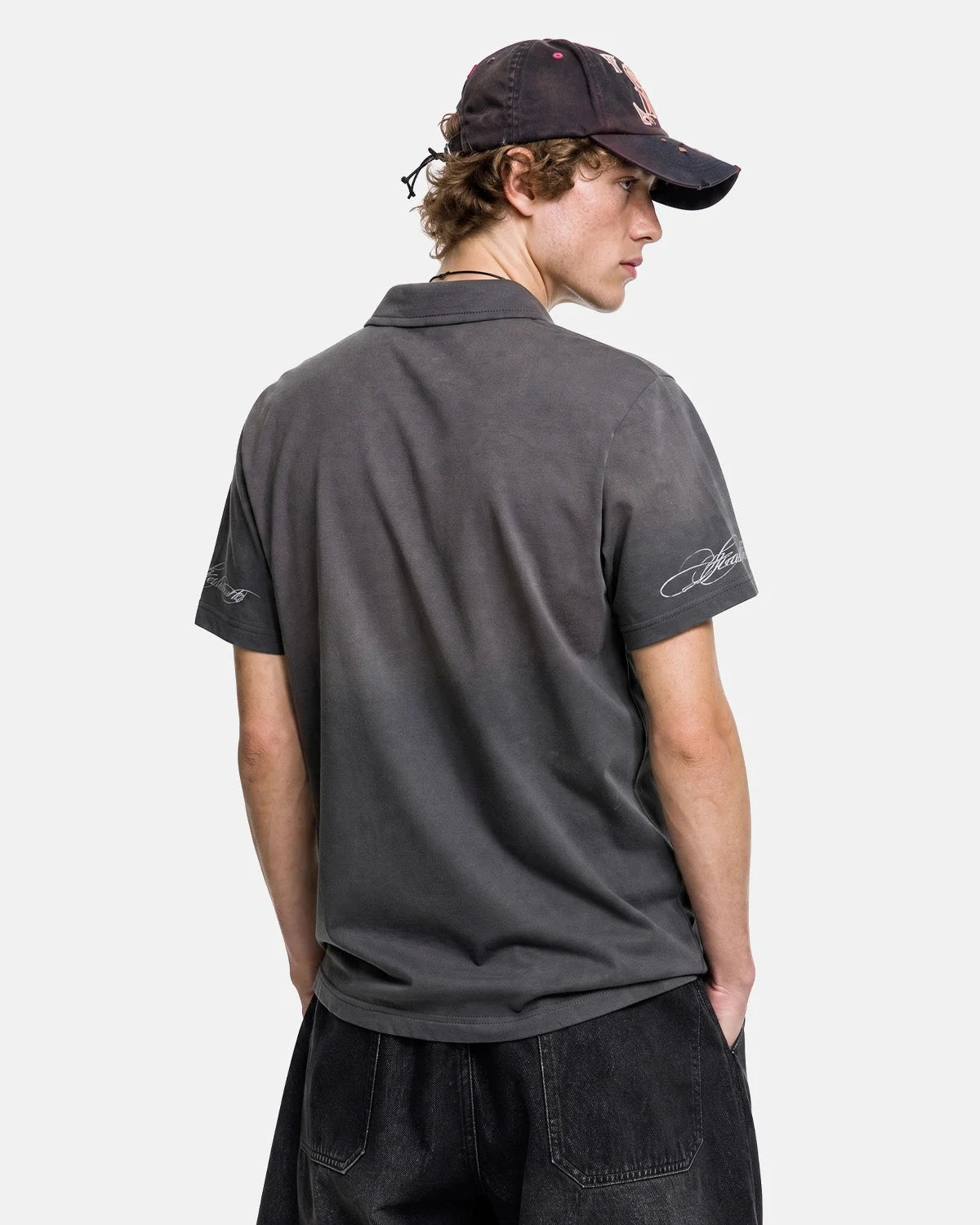 Omygoods Washed Graphic Polo Shirt