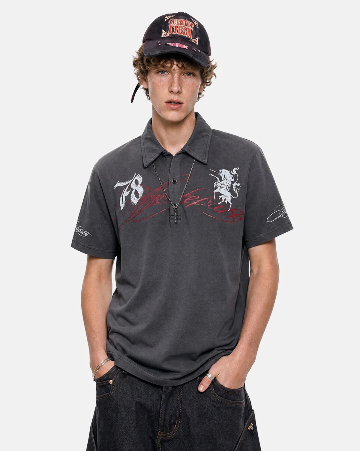 Omygoods Washed Graphic Polo Shirt
