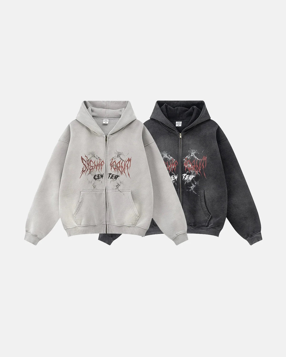 Omygoods Washed Graphic Zip Up Hoodie
