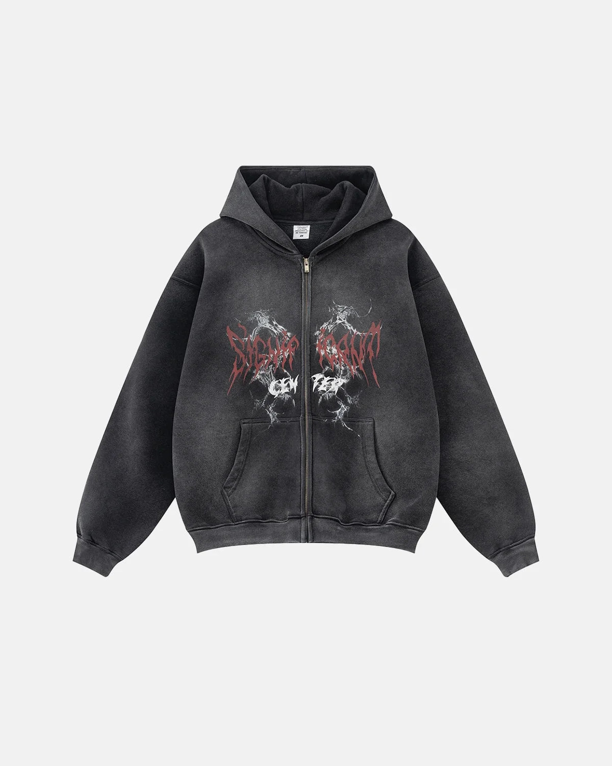 Omygoods Washed Graphic Zip Up Hoodie