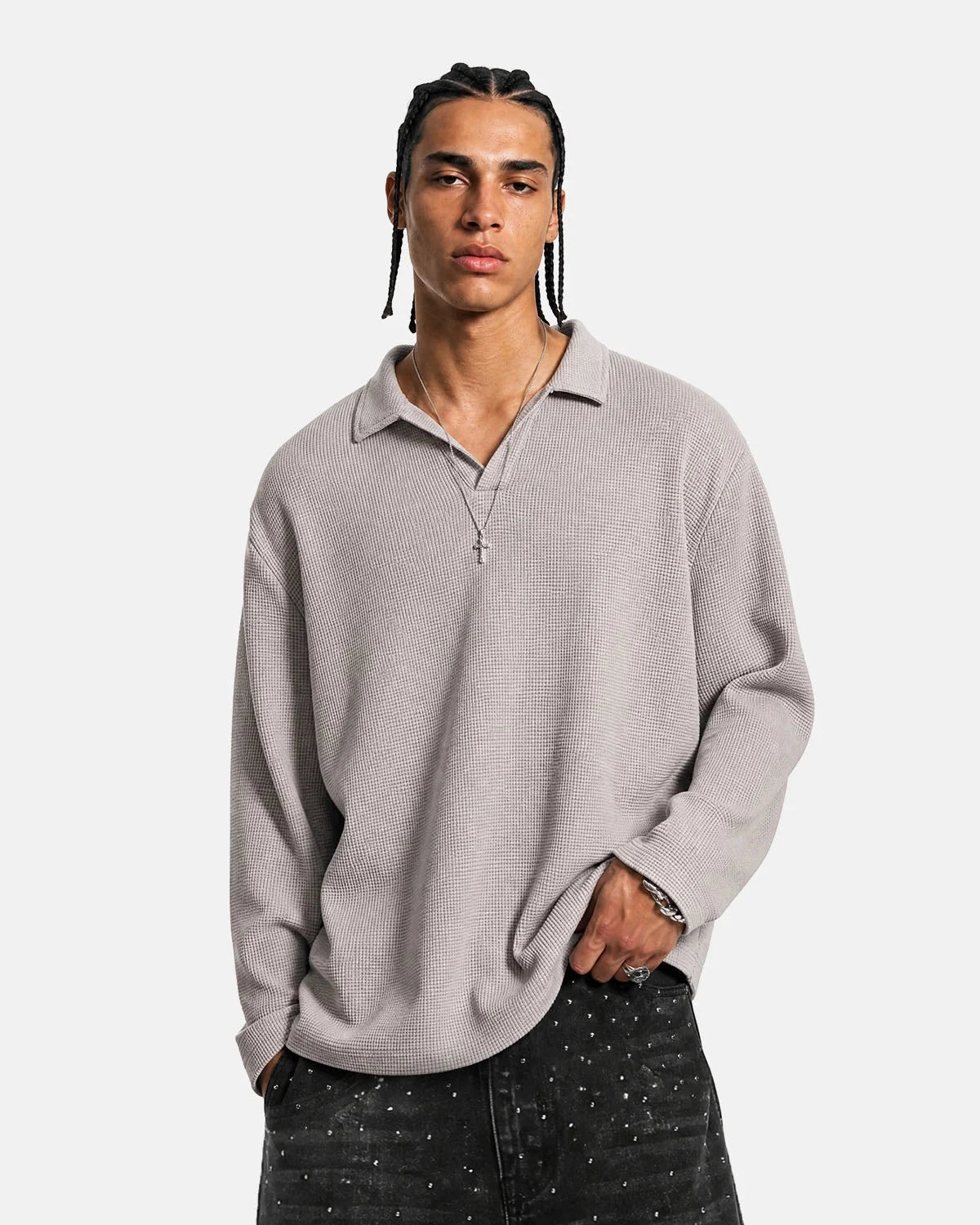 Omygoods Washed Johnny Collar Boxy Waffle Polo Shirt