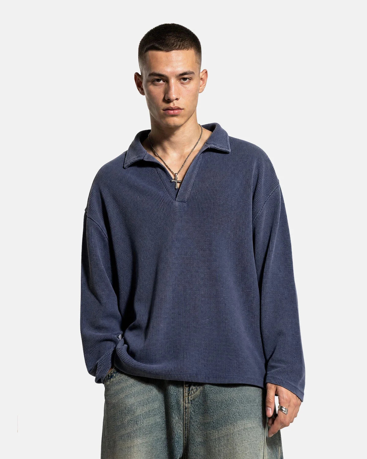 Omygoods Washed Johnny Collar Boxy Waffle Polo Shirt