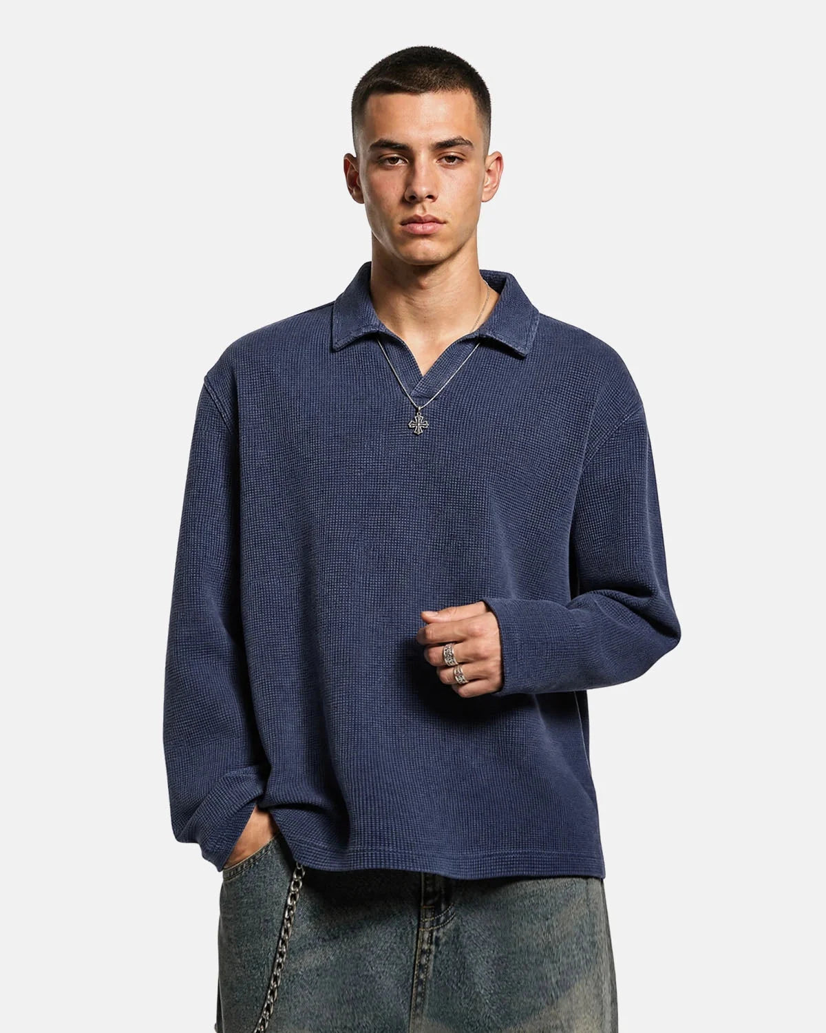 Omygoods Washed Johnny Collar Boxy Waffle Polo Shirt