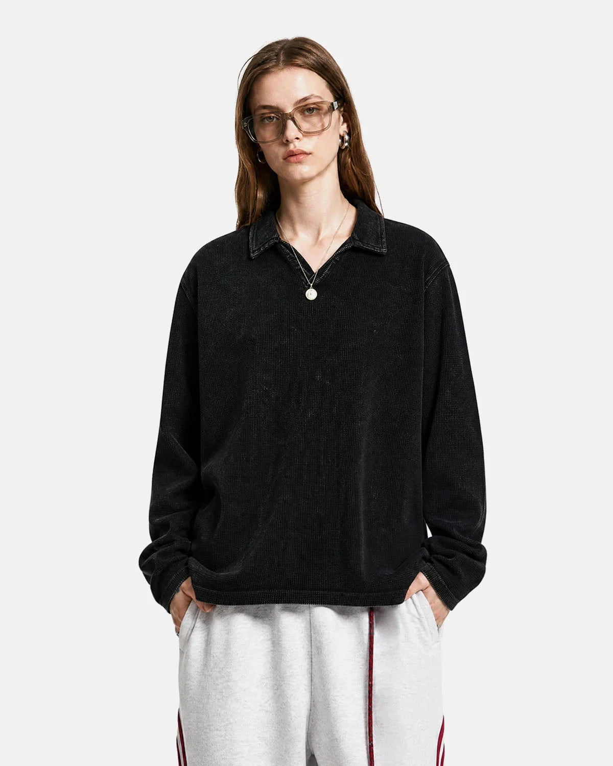 Omygoods Washed Johnny Collar Boxy Waffle Polo Shirt