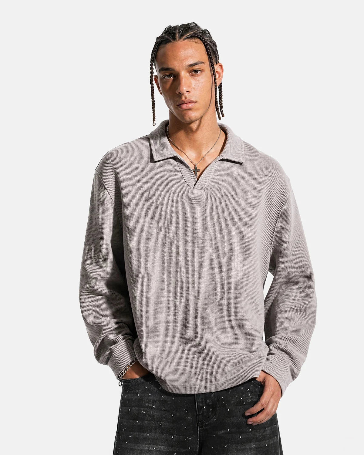 Omygoods Washed Johnny Collar Boxy Waffle Polo Shirt