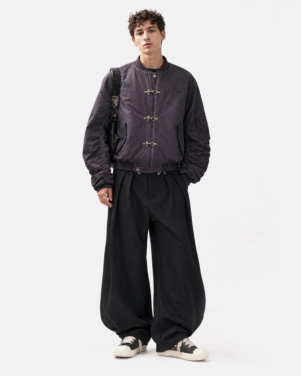 Omygoods Washed Metal Clasp Bomber Jacket