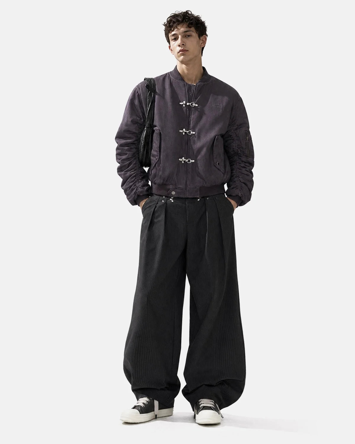 Omygoods Washed Metal Clasp Bomber Jacket