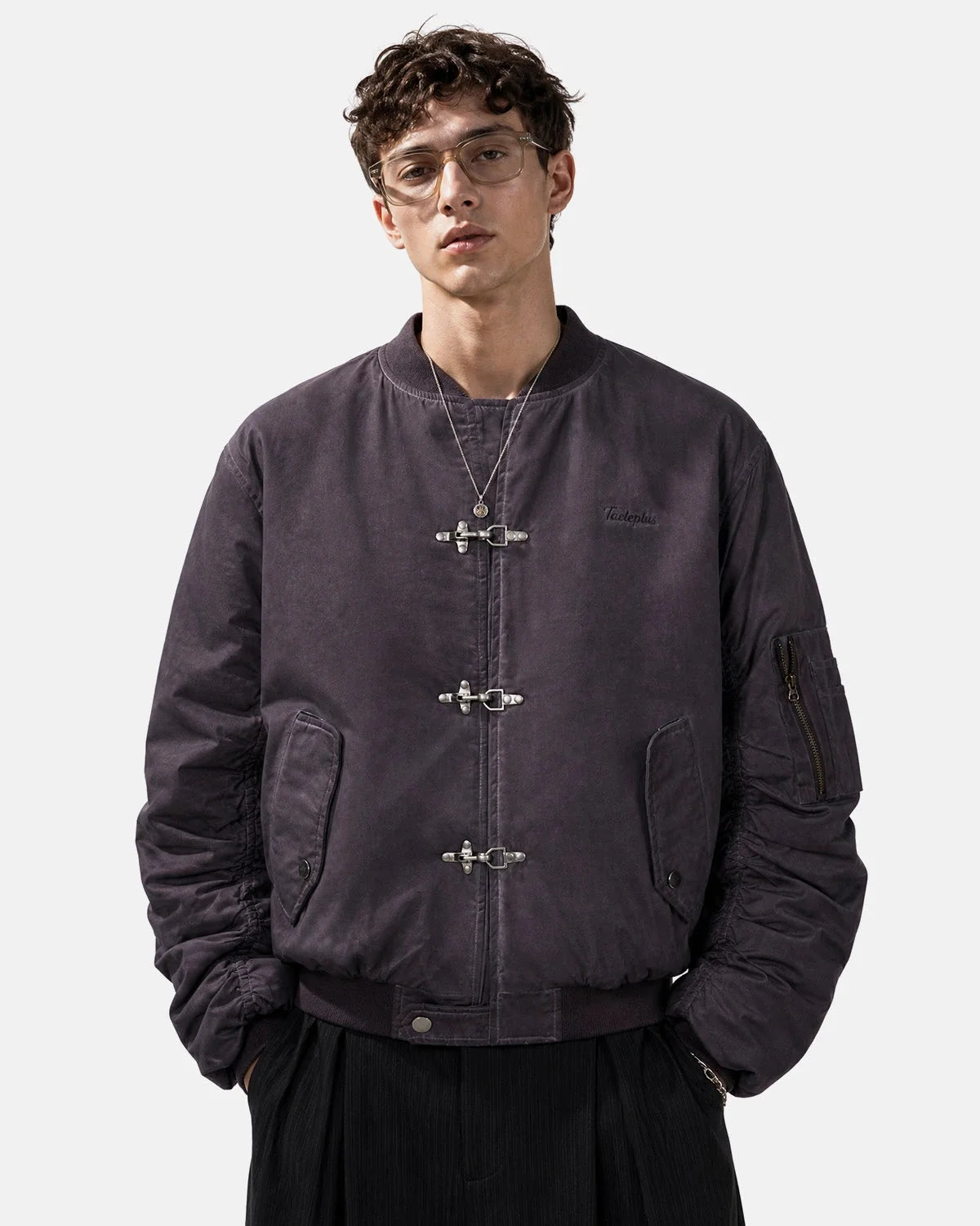 Omygoods Washed Metal Clasp Bomber Jacket