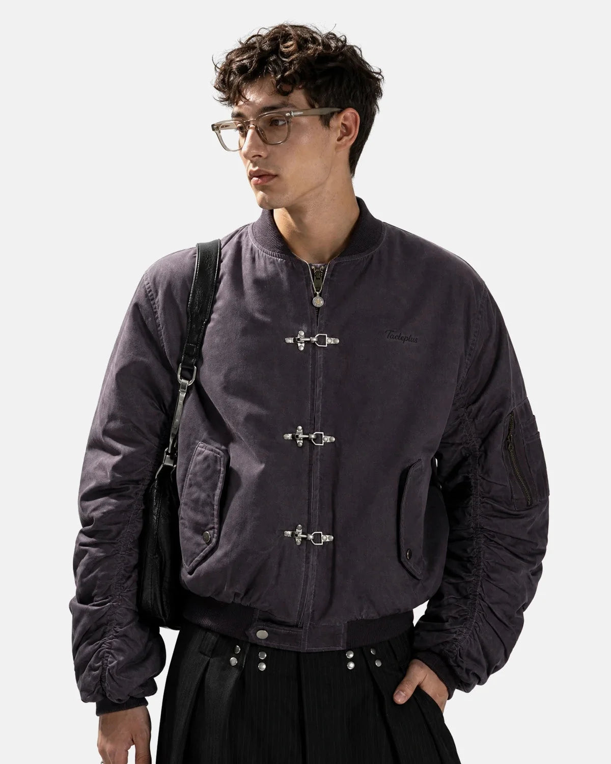 Omygoods Washed Metal Clasp Bomber Jacket