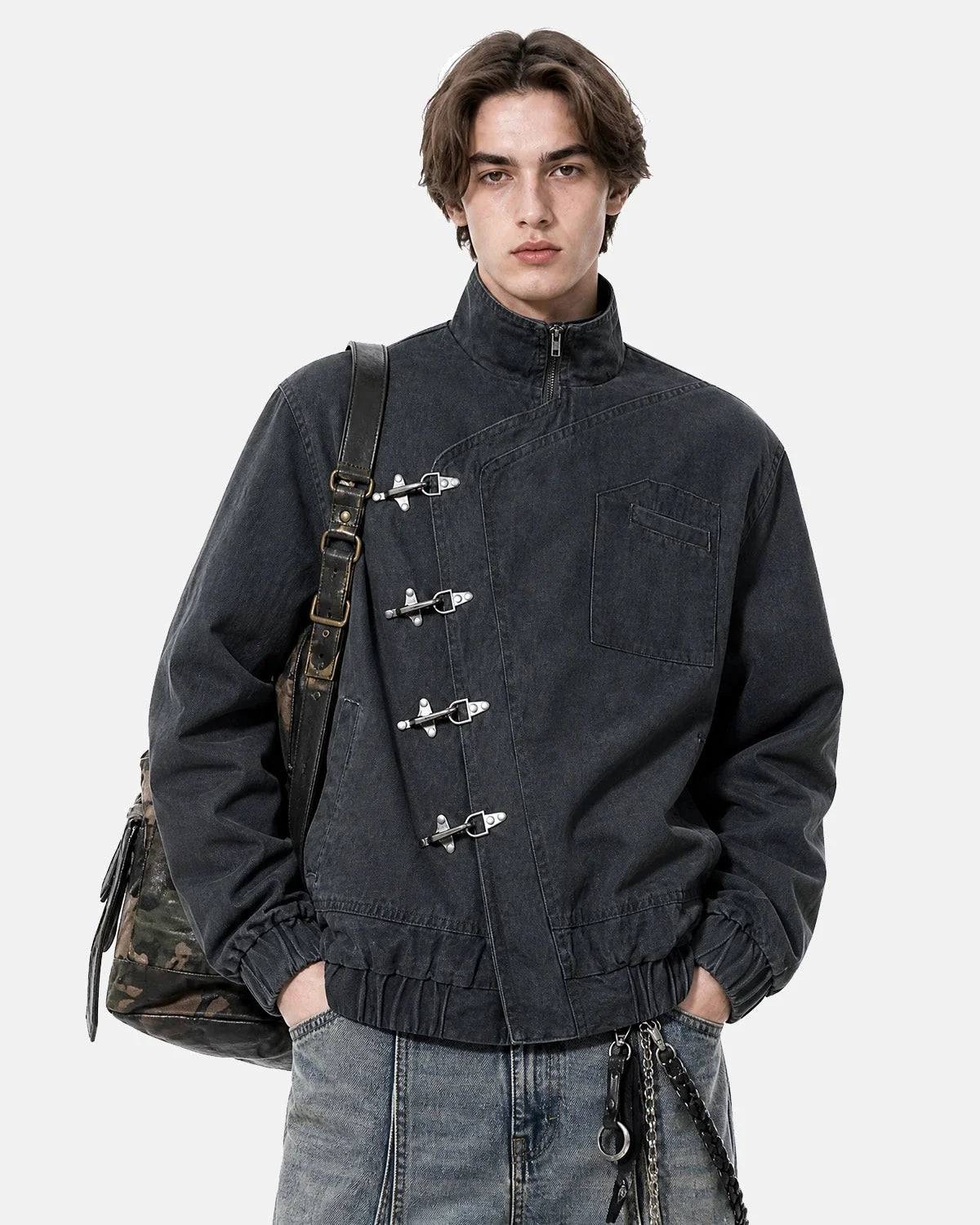 Omygoods Washed Metal Clasp Boxy Jacket