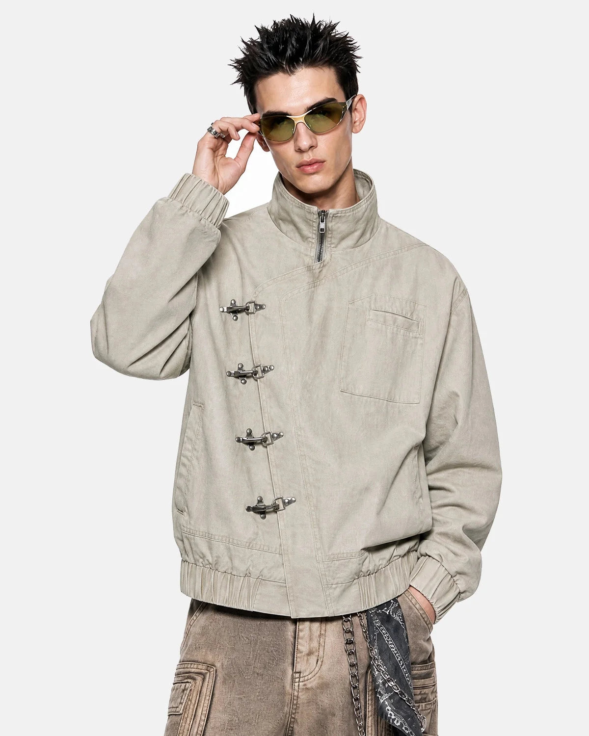Omygoods Washed Metal Clasp Boxy Jacket