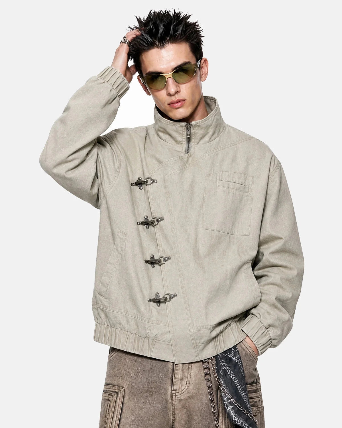 Omygoods Washed Metal Clasp Boxy Jacket