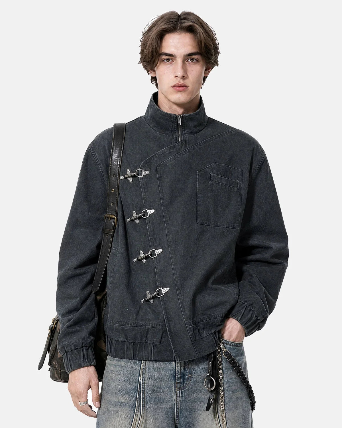 Omygoods Washed Metal Clasp Boxy Jacket