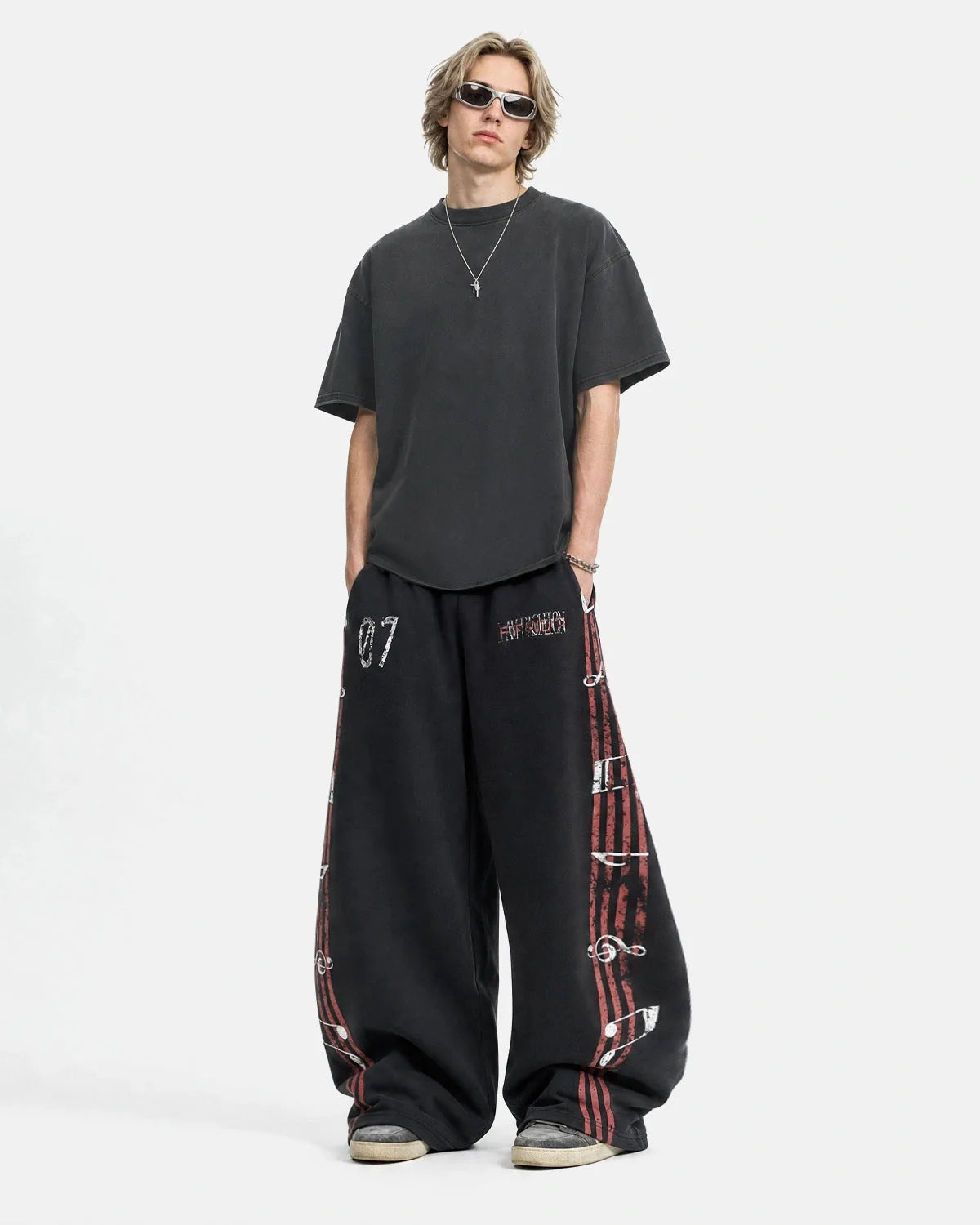 Omygoods Washed Music Graphic Barrel Sweatpants