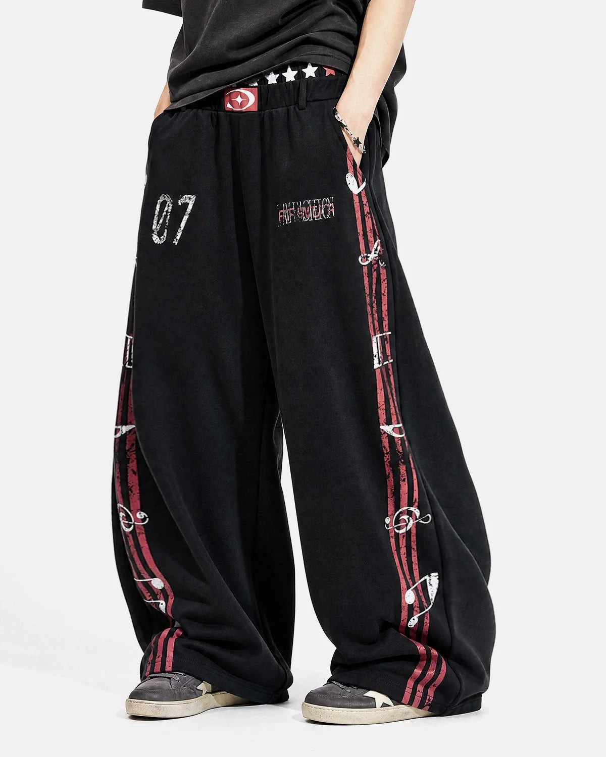 Omygoods Washed Music Graphic Barrel Sweatpants