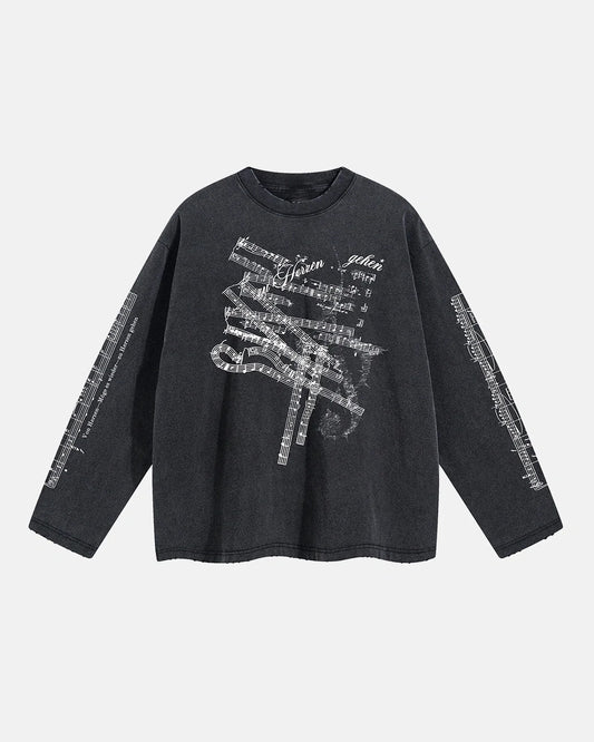 Omygoods Washed Music Graphic Long Sleeve T-Shirt