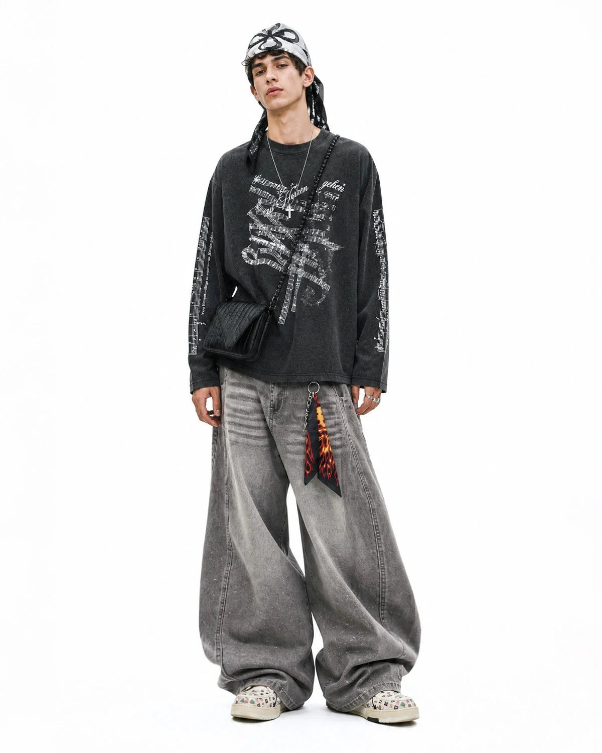 Omygoods Washed Music Graphic Long Sleeve T-Shirt
