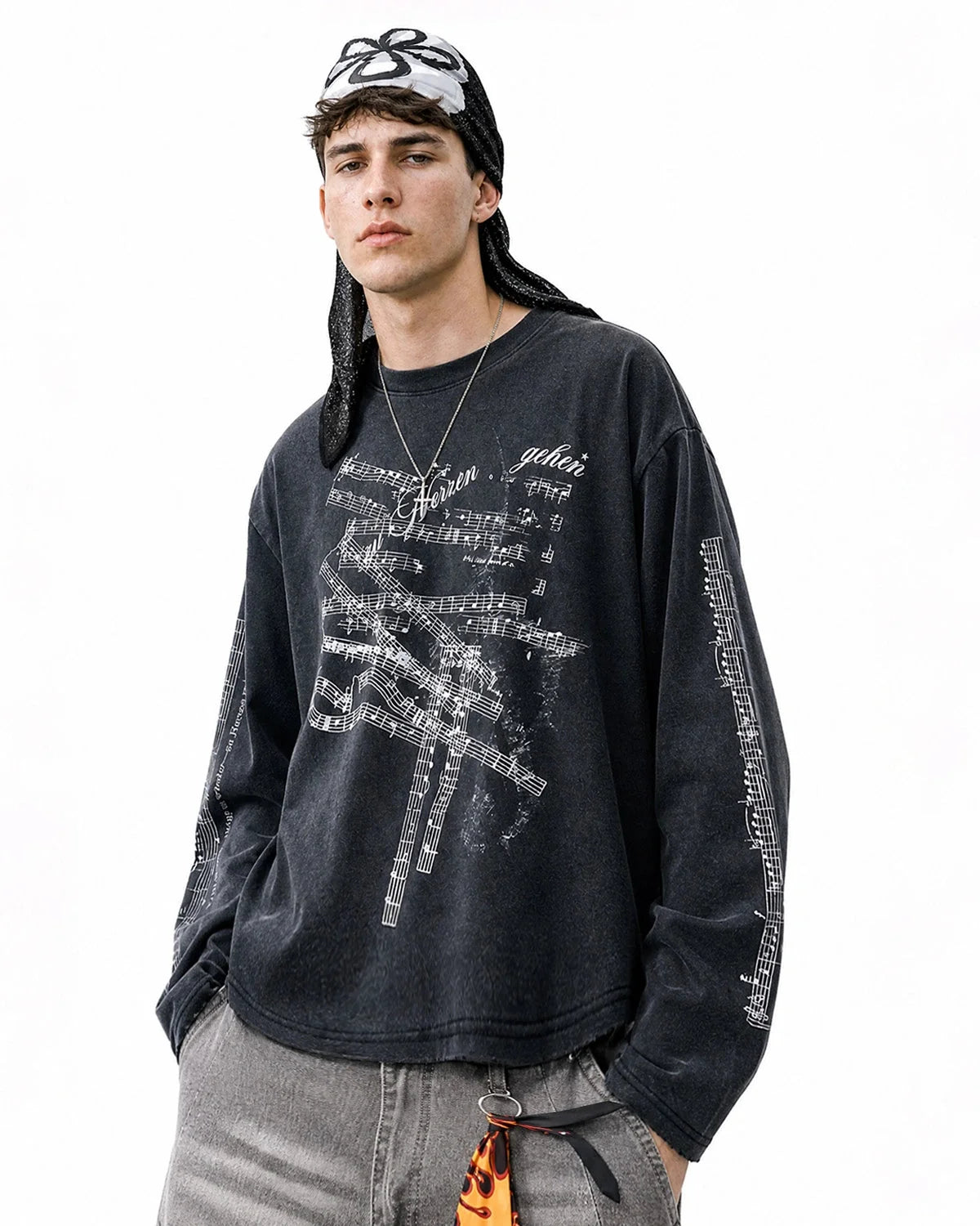 Omygoods Washed Music Graphic Long Sleeve T-Shirt