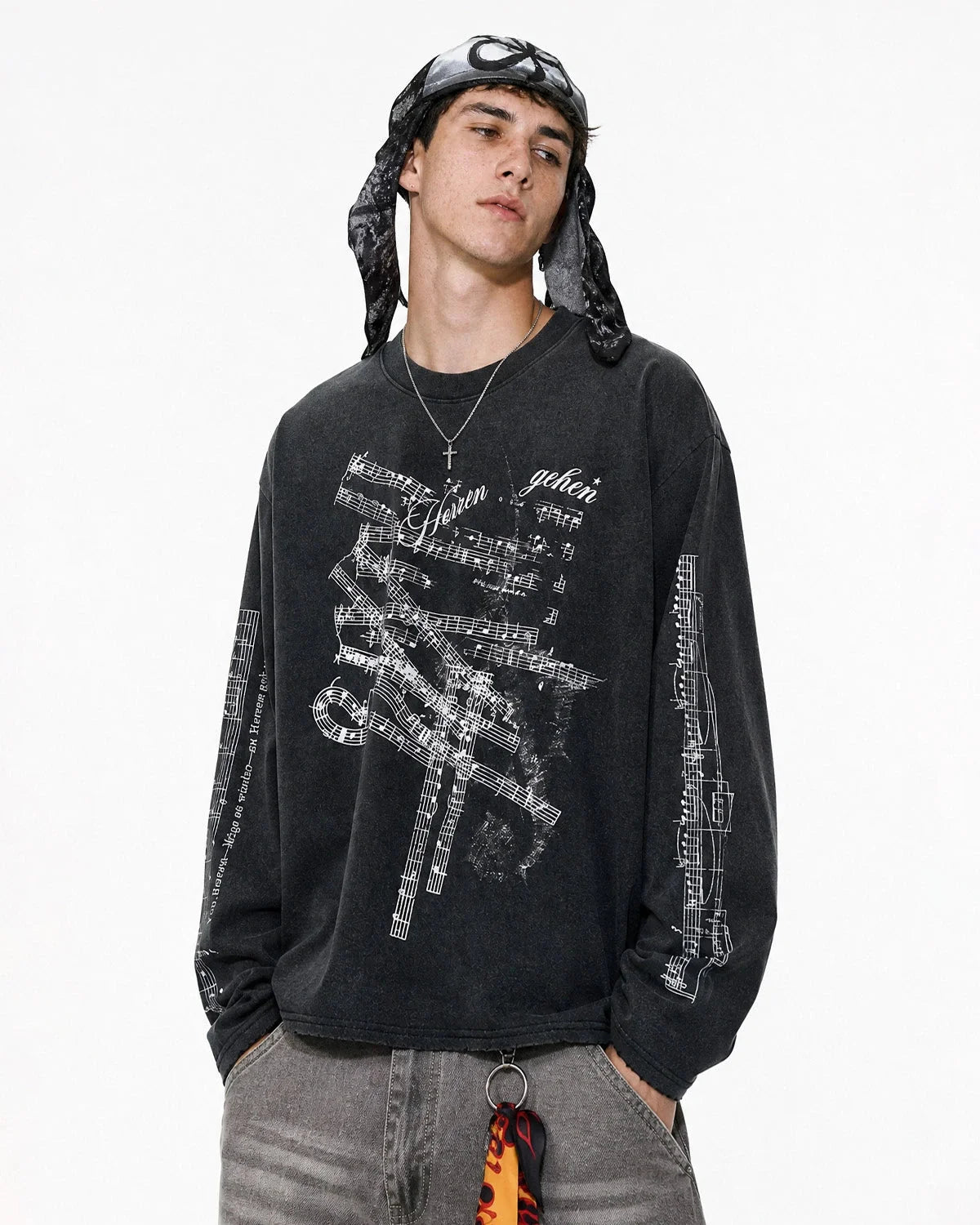 Omygoods Washed Music Graphic Long Sleeve T-Shirt