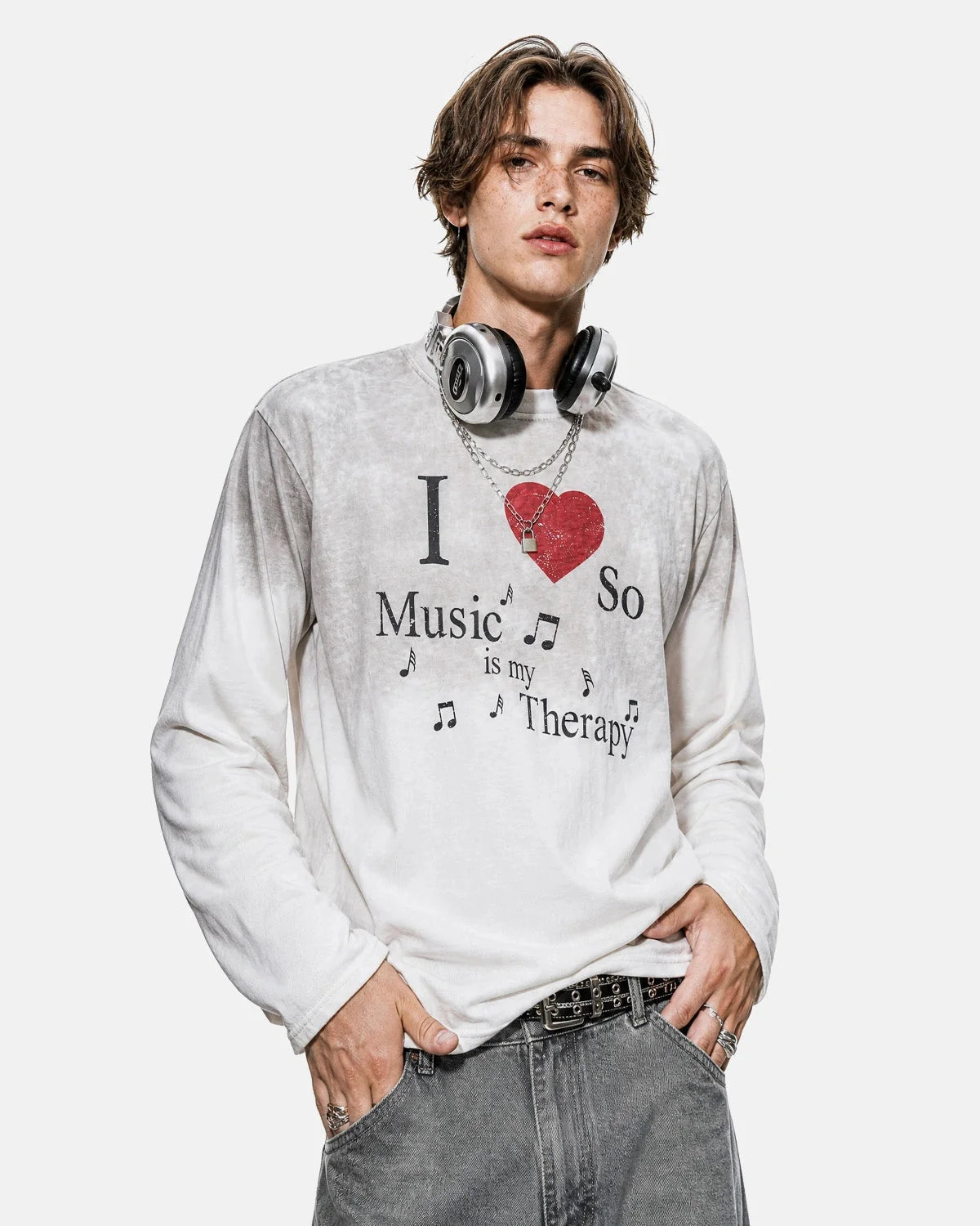 Omygoods Washed Music Long Sleeve T-Shirt