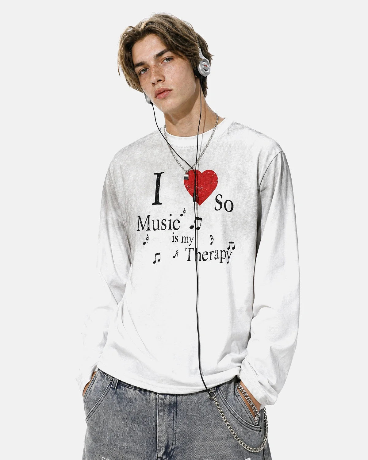 Omygoods Washed Music Long Sleeve T-Shirt