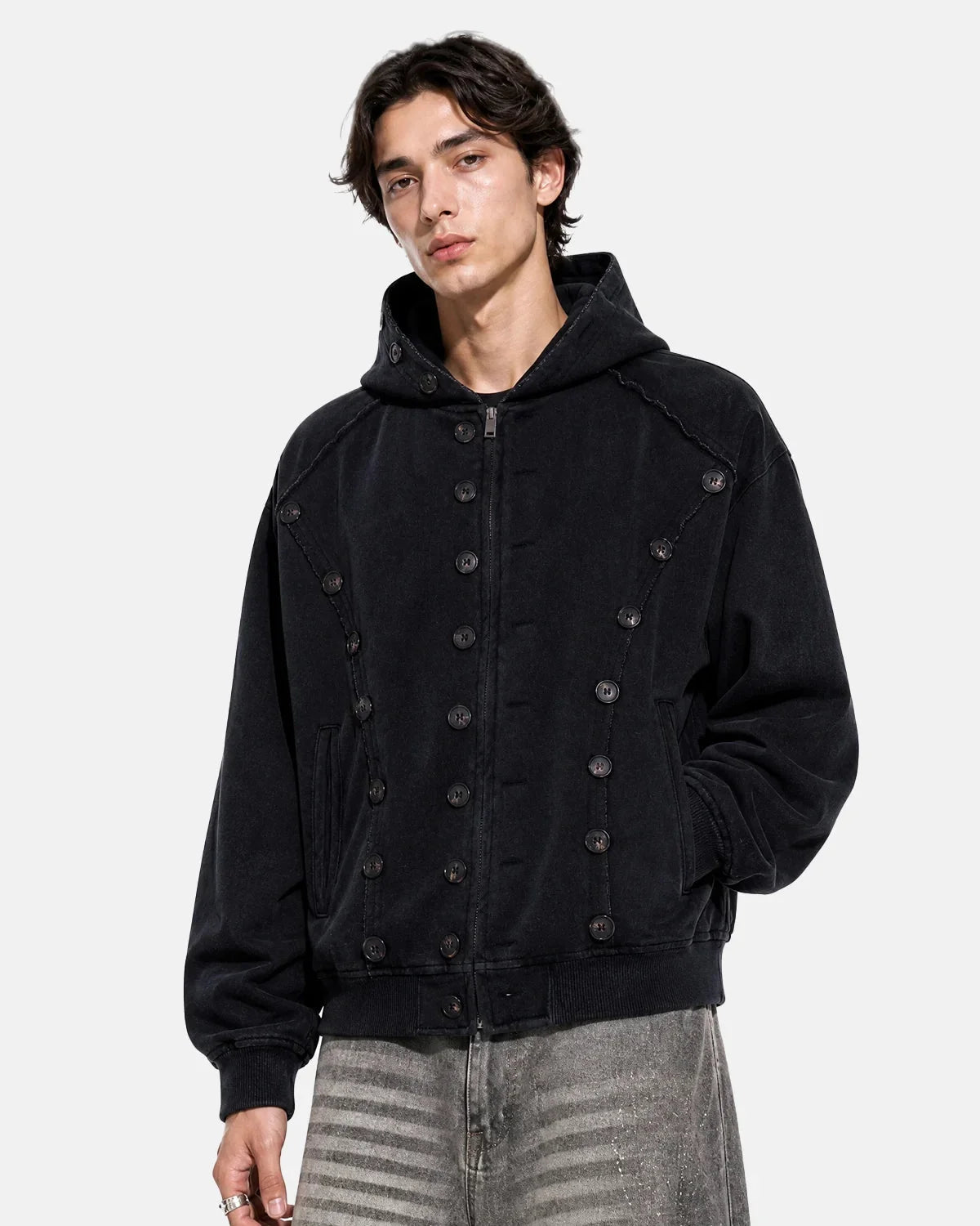 Omygoods Washed Napoleon-Inspired Hooded Jacket