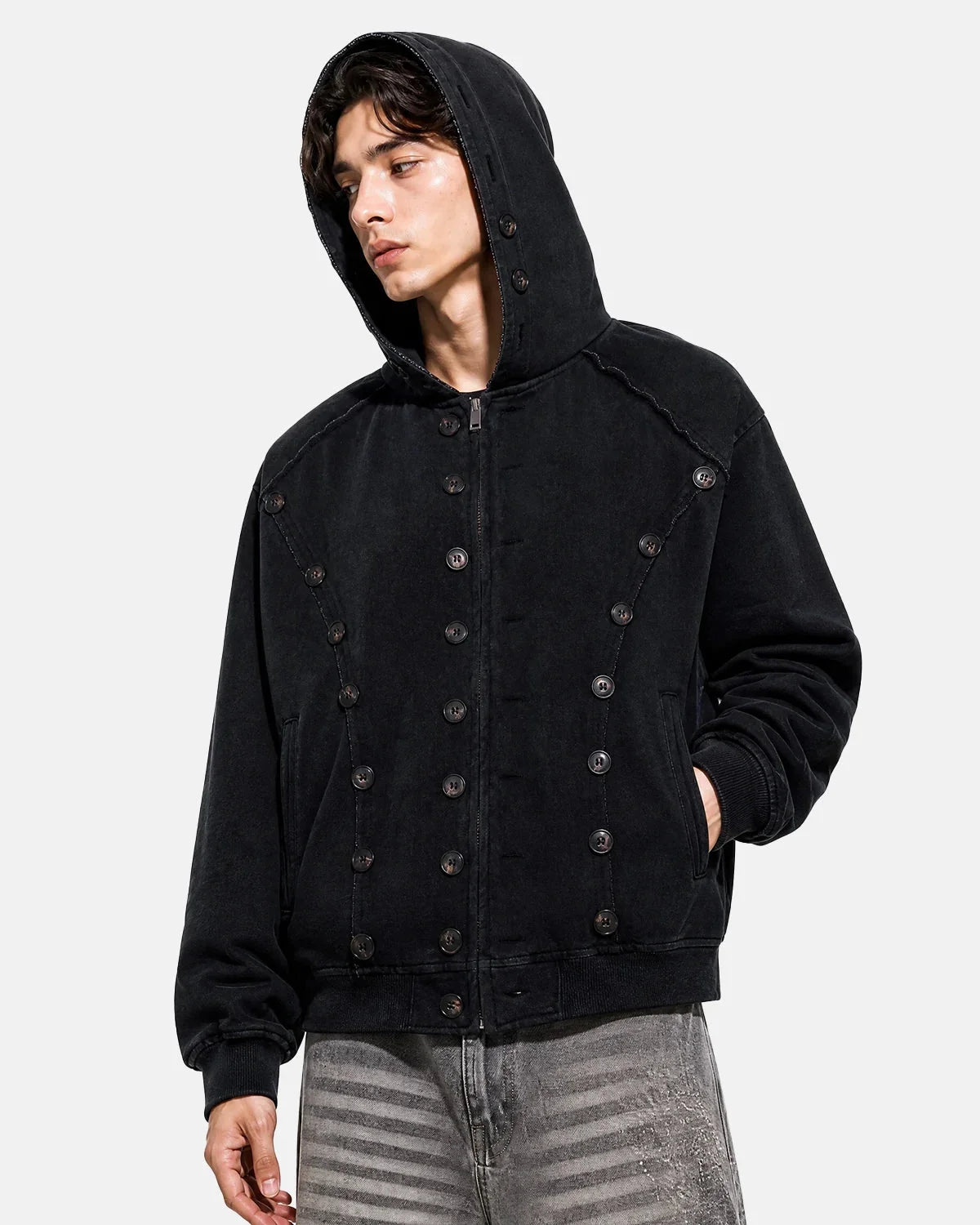 Omygoods Washed Napoleon-Inspired Hooded Jacket