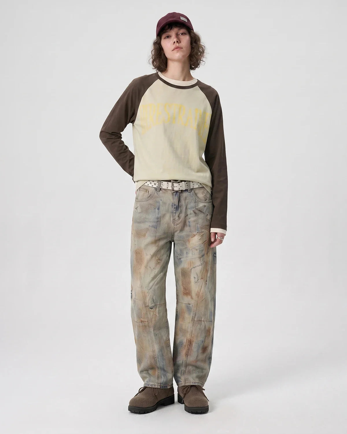 Omygoods Washed Raglan Graphic Long Sleeve T-Shirt