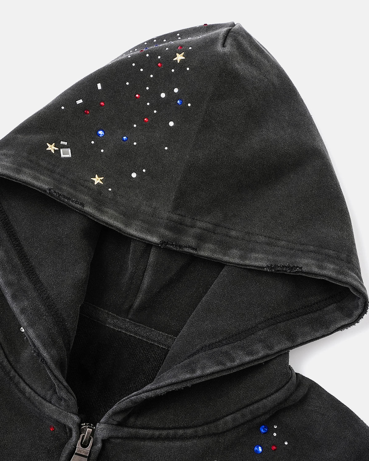 Omygoods Washed Rhinestone Boxy Zip Up Hoodie