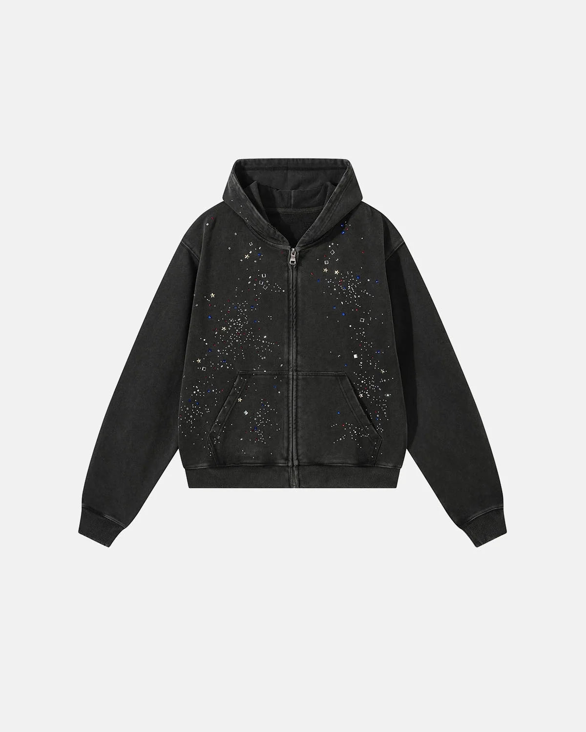 Omygoods Washed Rhinestone Boxy Zip Up Hoodie