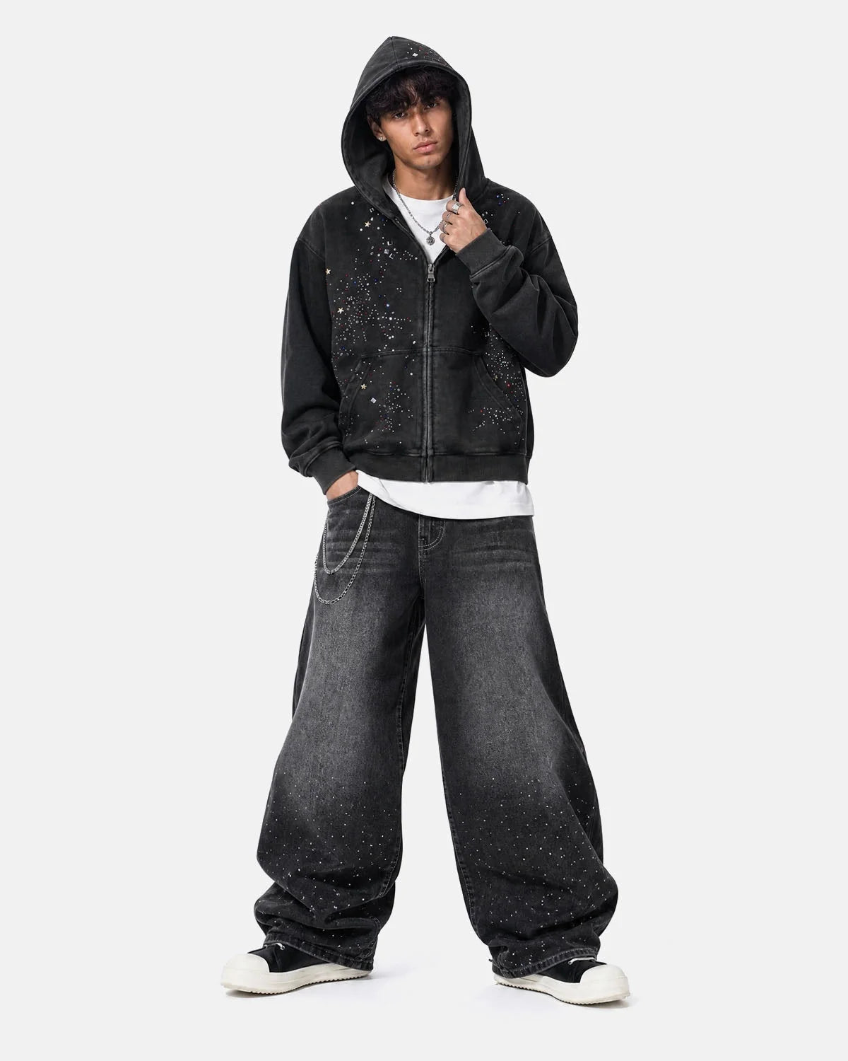 Omygoods Washed Rhinestone Boxy Zip Up Hoodie