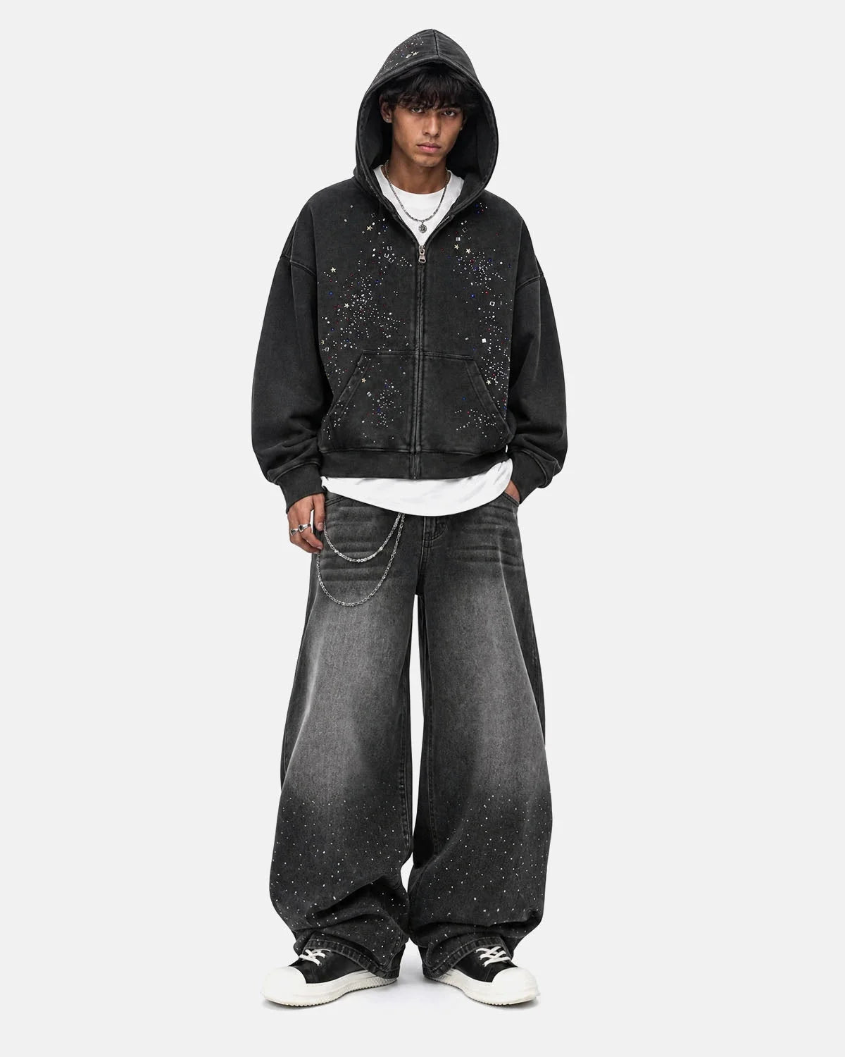 Omygoods Washed Rhinestone Boxy Zip Up Hoodie