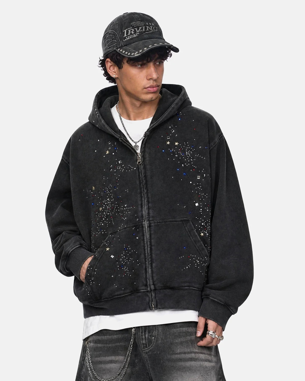 Omygoods Washed Rhinestone Boxy Zip Up Hoodie
