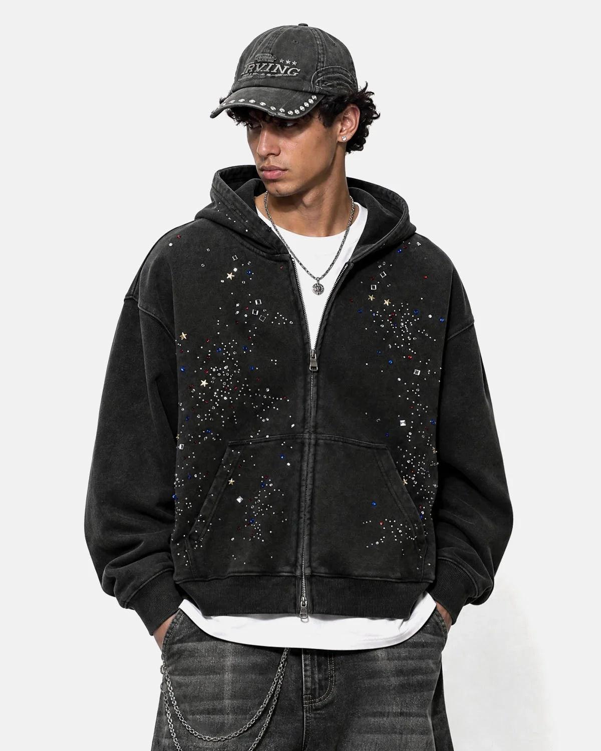 Omygoods Washed Rhinestone Boxy Zip Up Hoodie