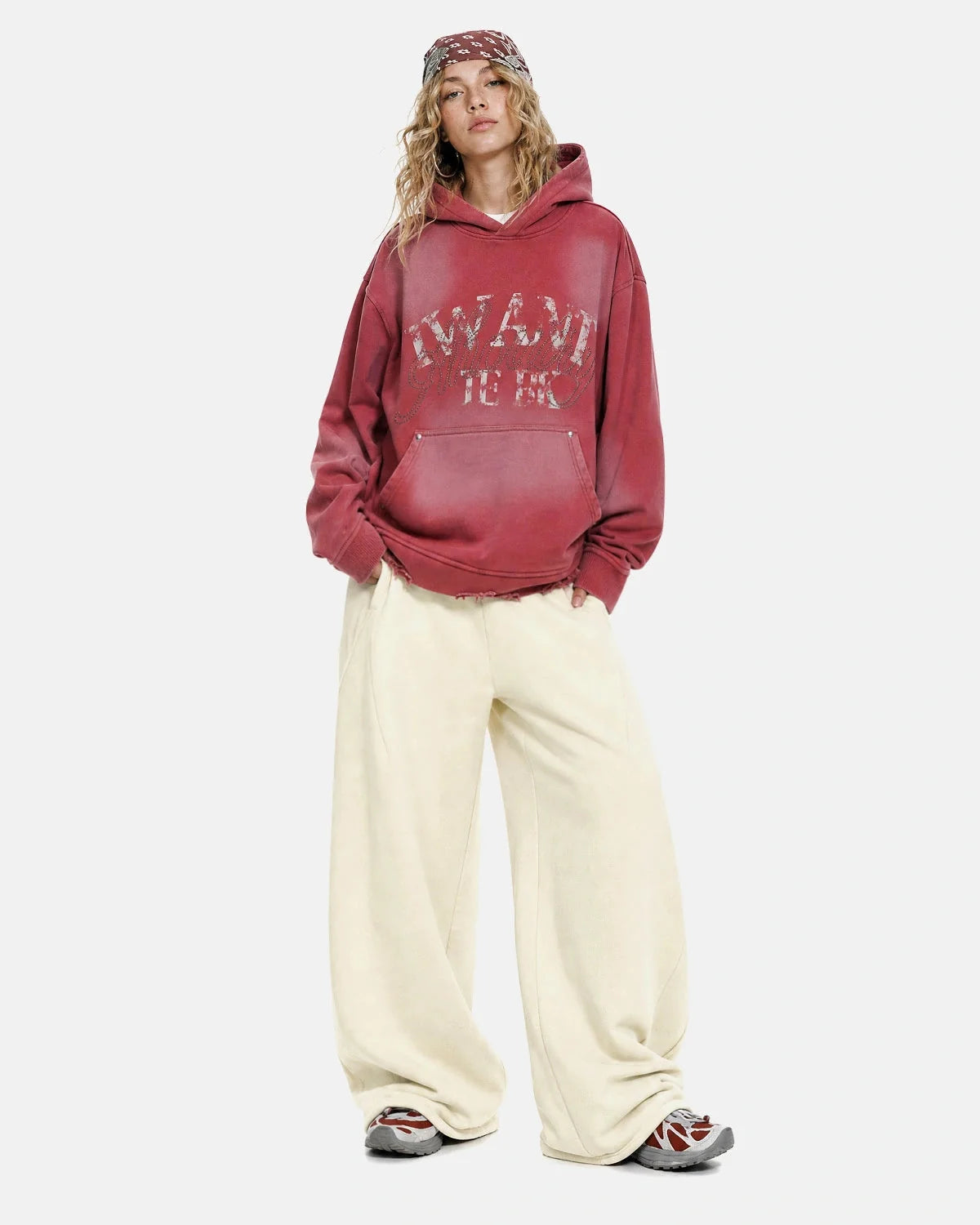 Omygoods Washed Rhinestone Graphic Boxy Hoodie