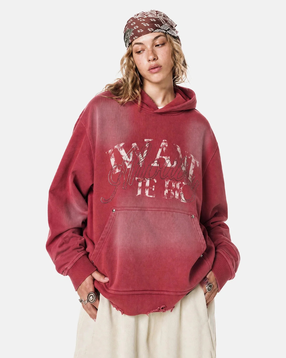 Omygoods Washed Rhinestone Graphic Boxy Hoodie