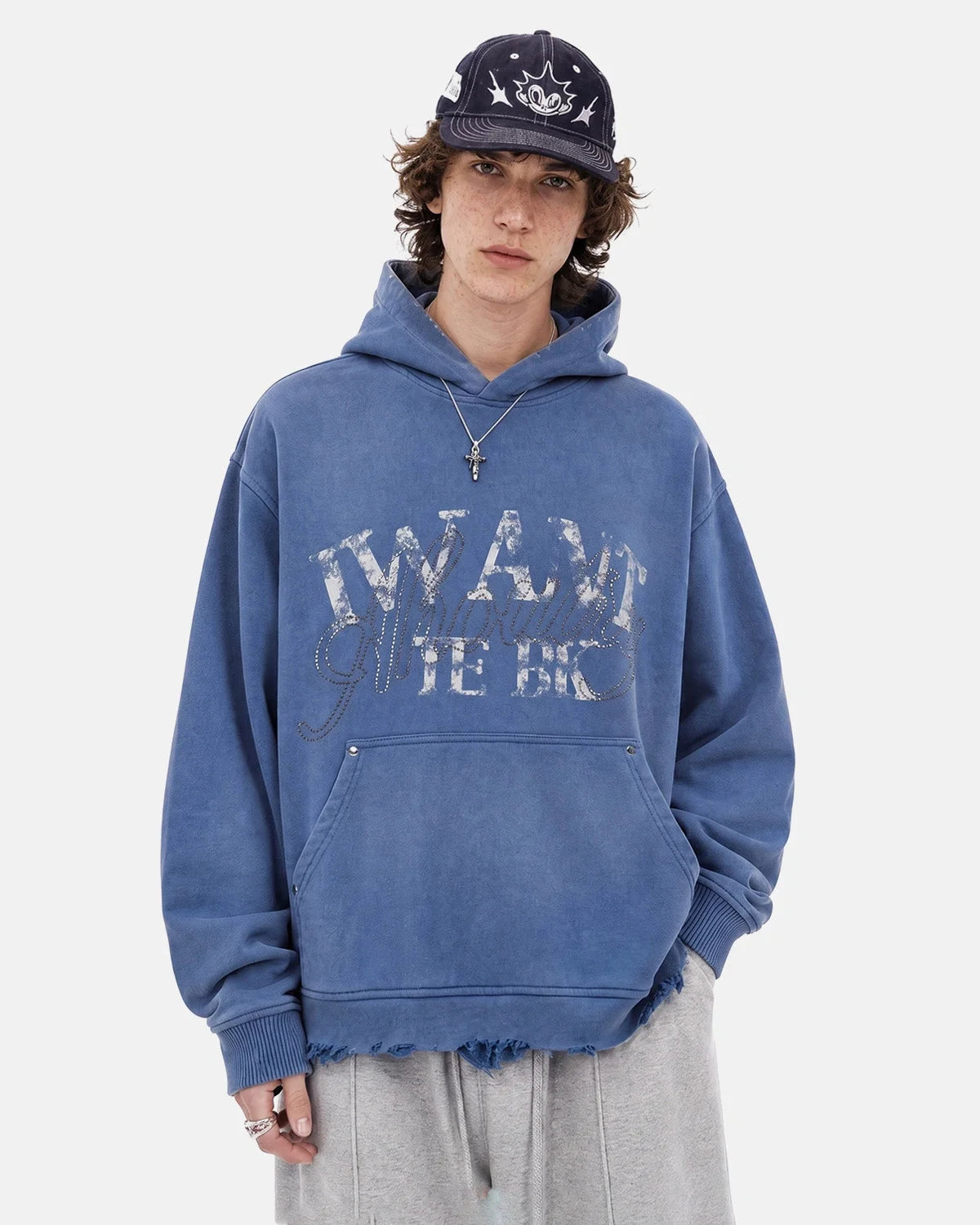 Omygoods Washed Rhinestone Graphic Boxy Hoodie