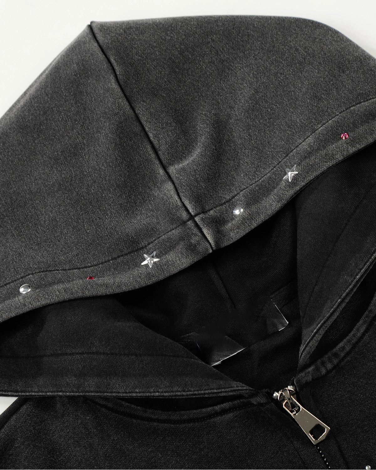 Omygoods Washed Rhinestone Graphic Zip Up Hoodie
