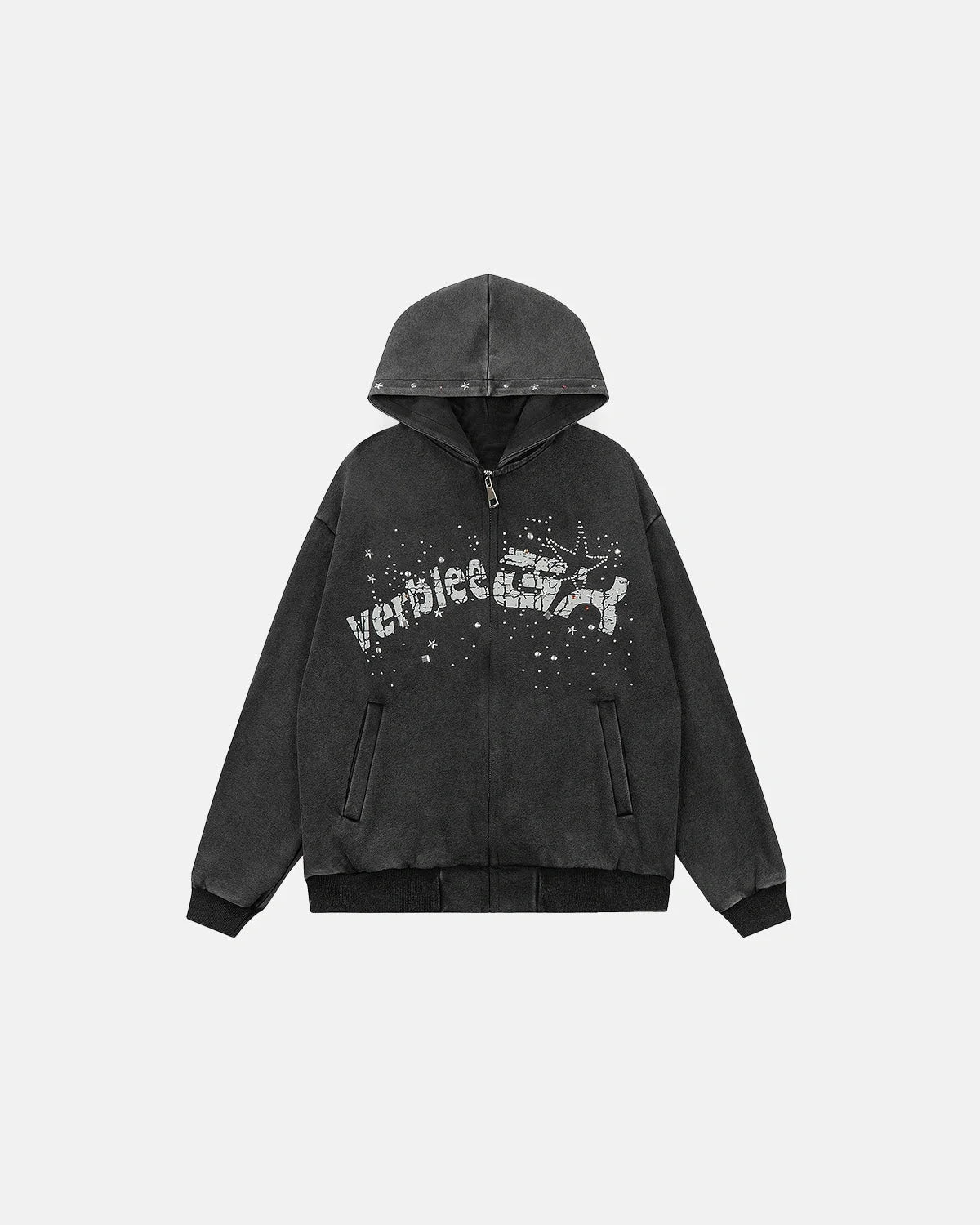 Omygoods Washed Rhinestone Graphic Zip Up Hoodie