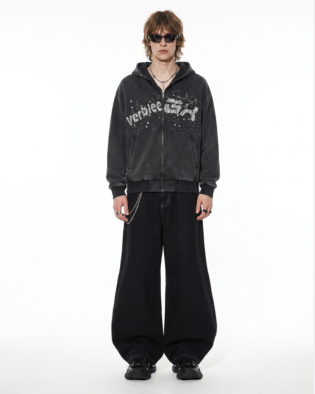 Omygoods Washed Rhinestone Graphic Zip Up Hoodie