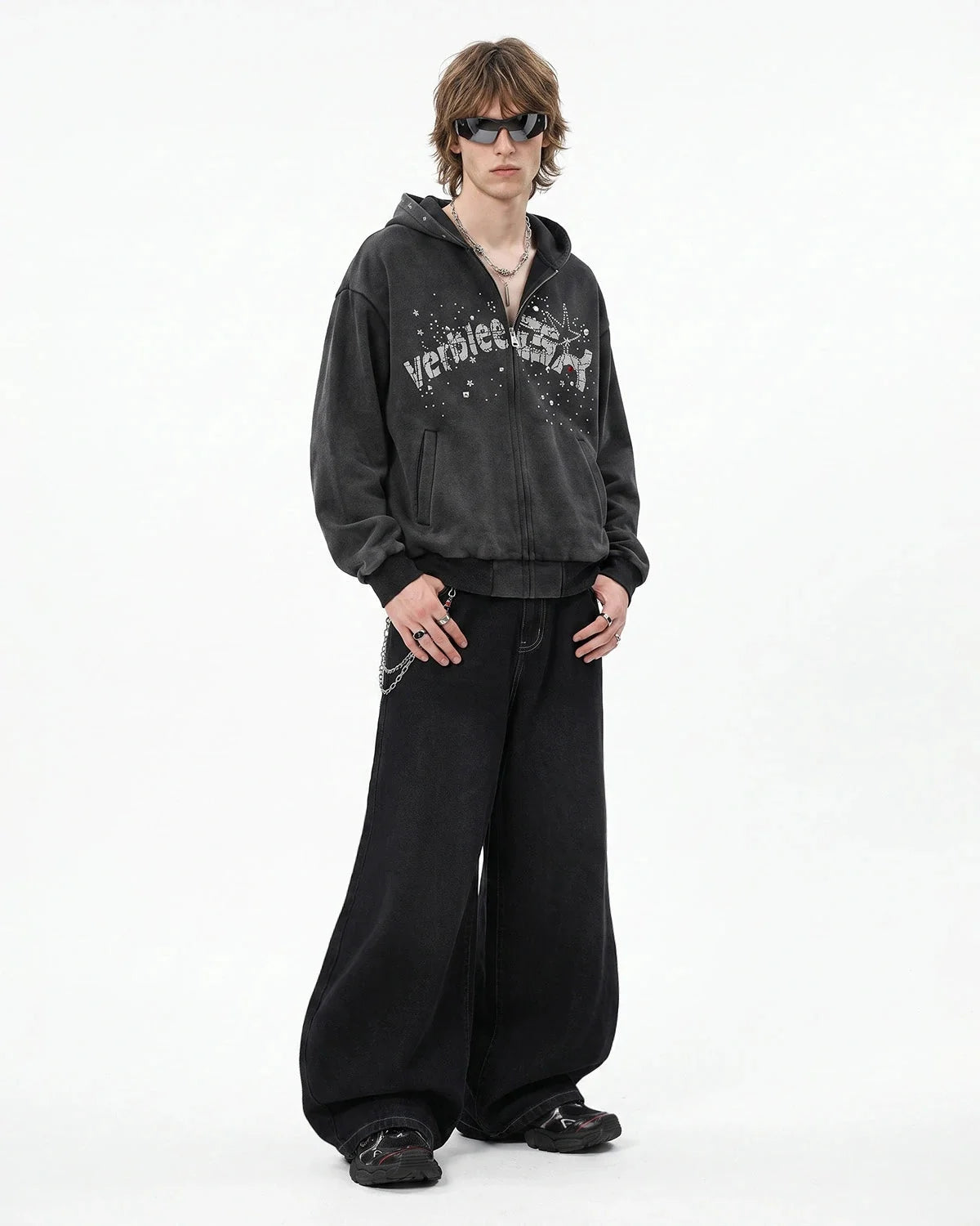 Omygoods Washed Rhinestone Graphic Zip Up Hoodie