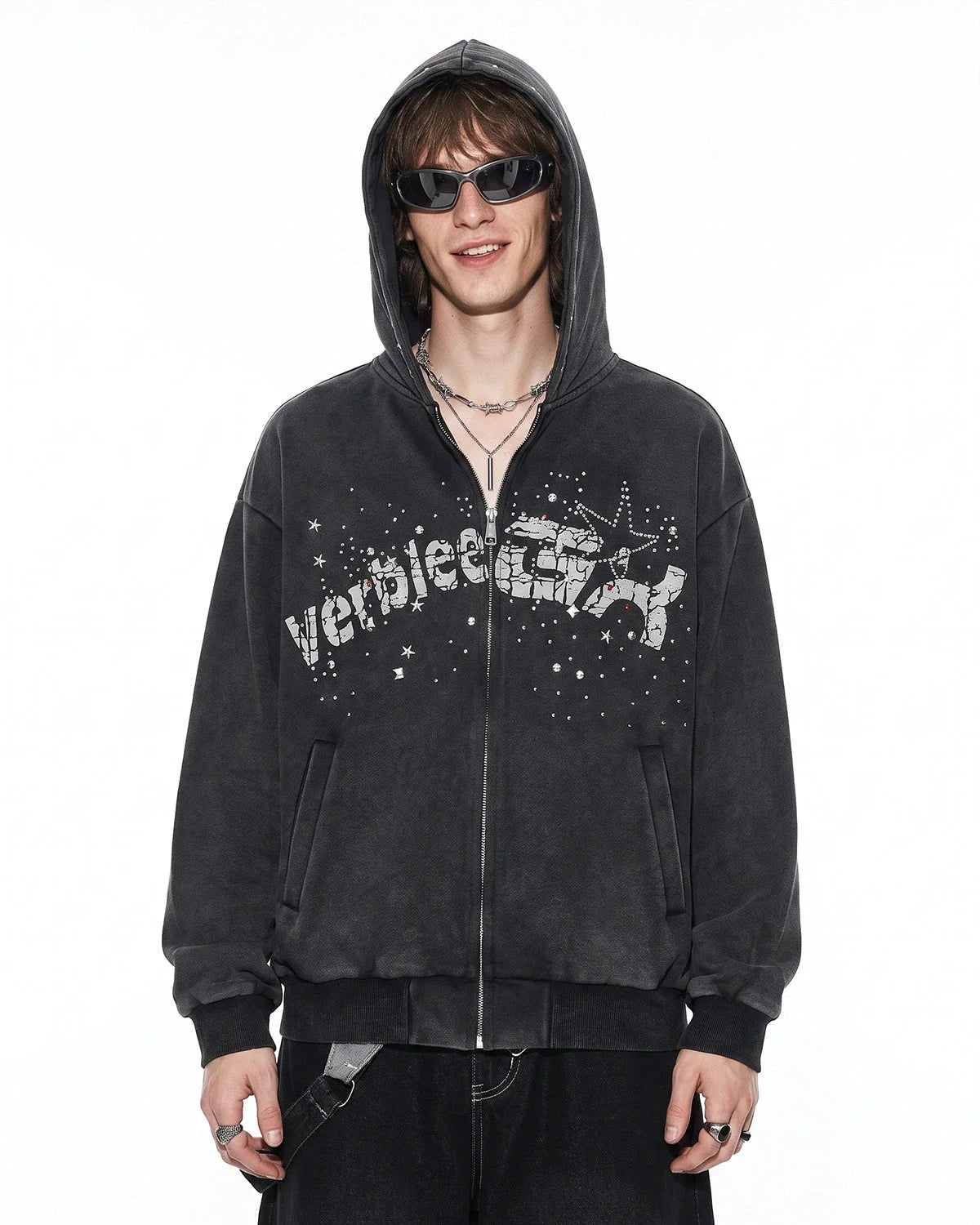 Omygoods Washed Rhinestone Graphic Zip Up Hoodie