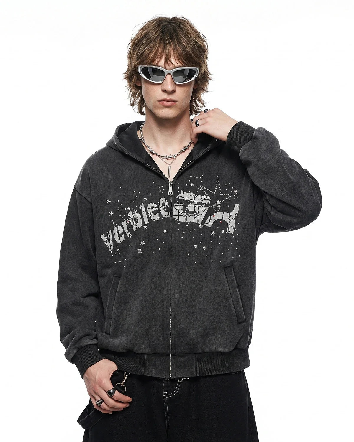 Omygoods Washed Rhinestone Graphic Zip Up Hoodie