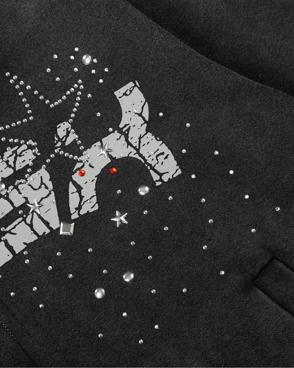 Omygoods Washed Rhinestone Graphic Zip Up Hoodie