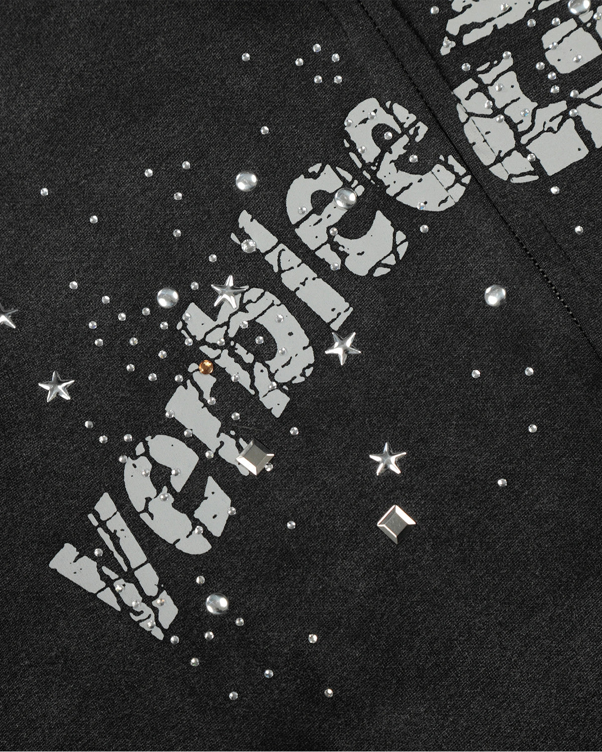 Omygoods Washed Rhinestone Graphic Zip Up Hoodie