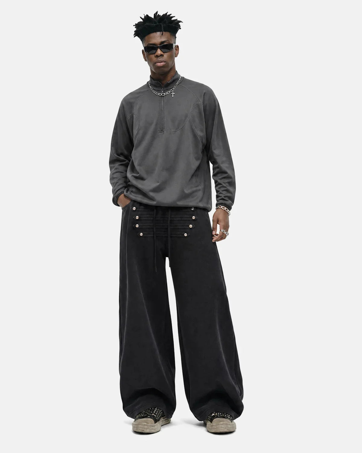 Omygoods Washed Rivet Wide Leg Sweatpants