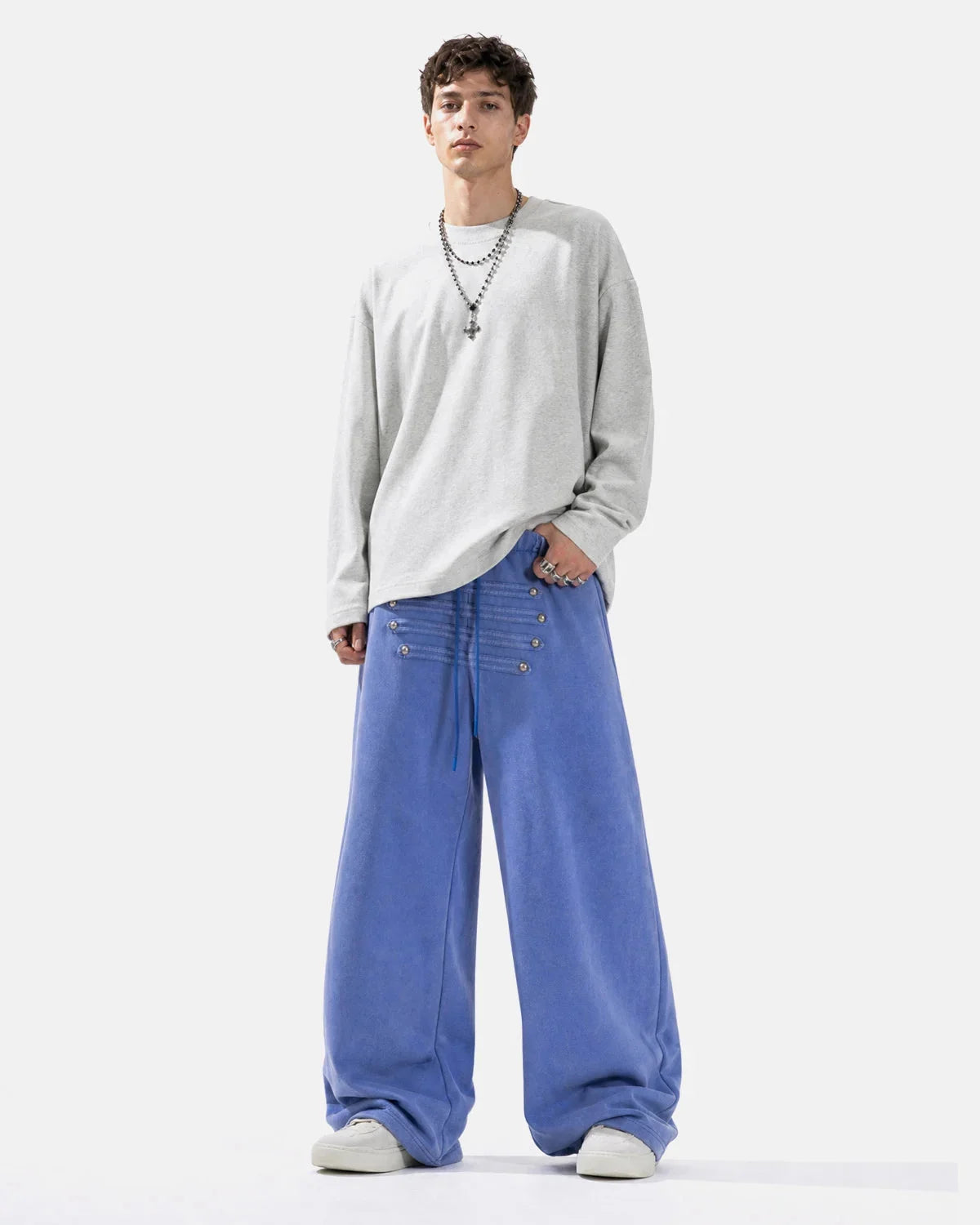 Omygoods Washed Rivet Wide Leg Sweatpants