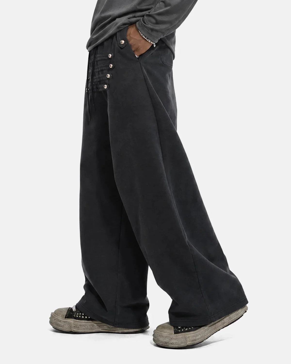 Omygoods Washed Rivet Wide Leg Sweatpants